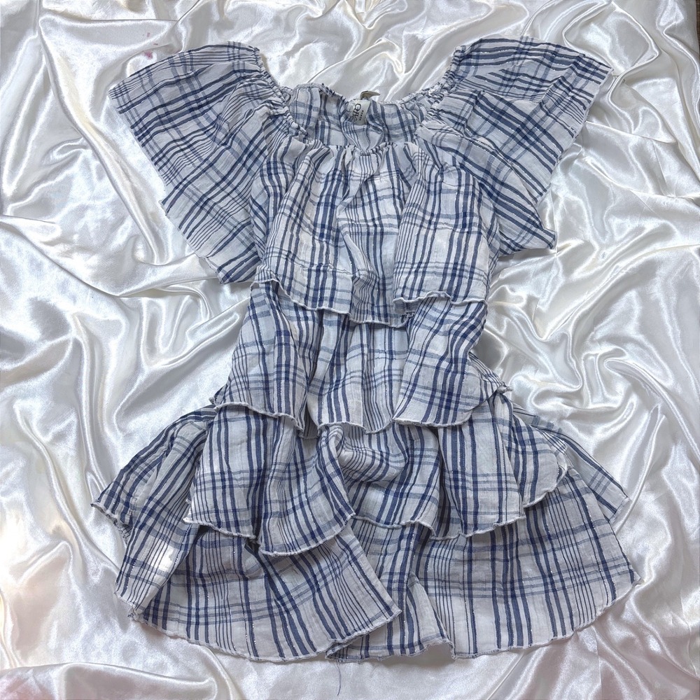 y2k Tiered Ruffle Top Blue White Excellent Plaid Metallic Cato 18/20W